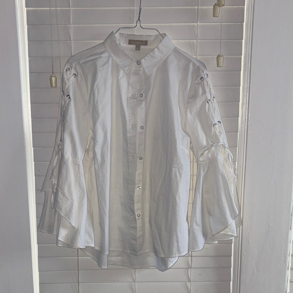 Women’s White Button-Up Shirt with Lace-Up Sleeves